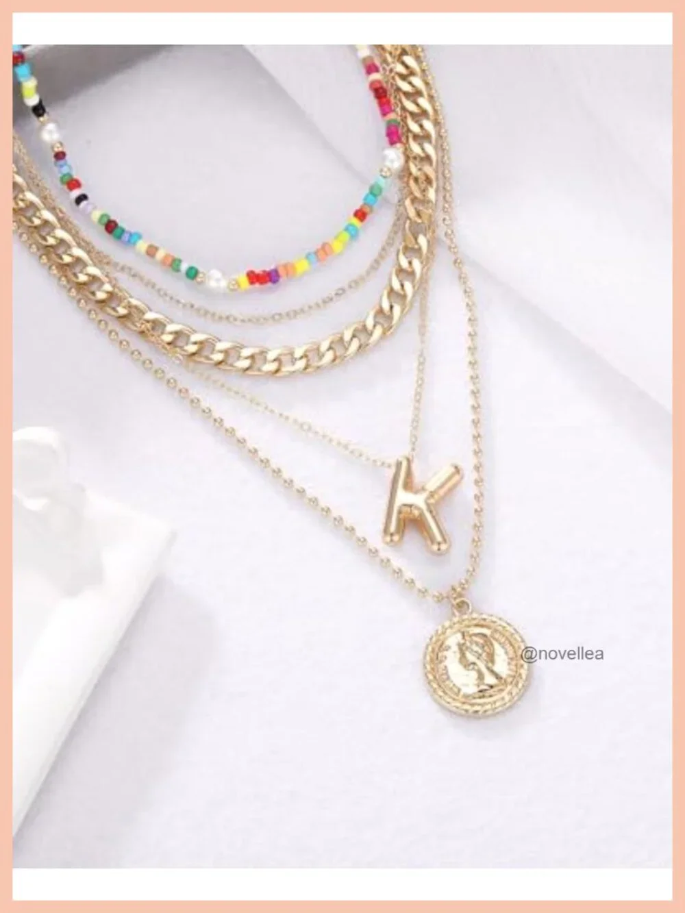 Layered Initial Necklace Set Chunky Chain Beaded Choker Costume Jewelry Brass